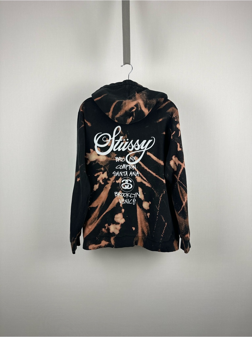 Stussy World Tour Hoodie Large Black Handmade Bleach Tie Dye Custom Made USA